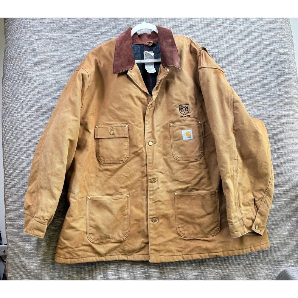 Carhartt Coat Mens 4XL Brown Canvas Ram Logo Snap Front Lined Workwear C001 BRN